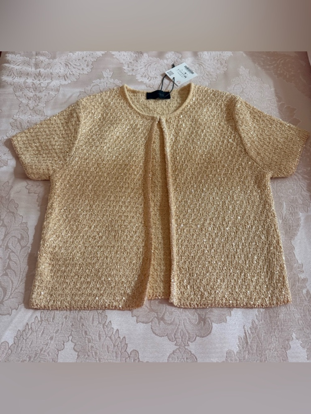 Gold Short-Sleeve Knit Cardigan